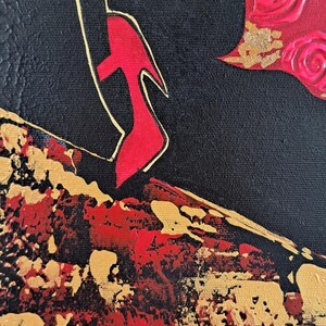 May include: Abstract painting with a red and gold colour scheme. The painting features a black silhouette of a woman wearing a red shoe. The background is a textured black canvas with red and gold accents.