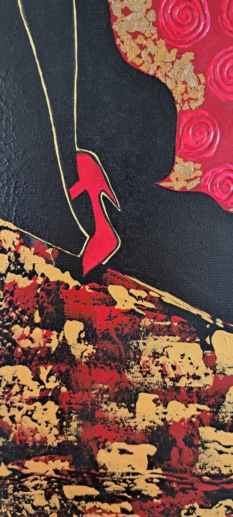 May include: Abstract painting with a red and gold colour scheme. The painting features a black silhouette of a woman wearing a red shoe. The background is a textured black canvas with red and gold accents.