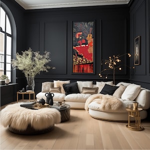 May include: A white sectional sofa with a fluffy white throw blanket and several pillows in a living room with dark walls and a large abstract painting above the sofa.