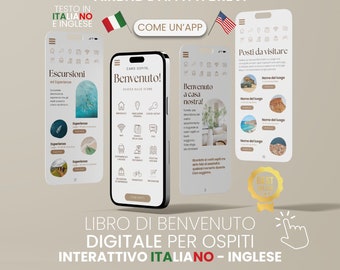 Libro di benvenuto digitale bilingue interattivo Airbnb Modello mobile Inglese Italiano Host Canva Guida per gli ospiti modificabile Noleggio a breve termine