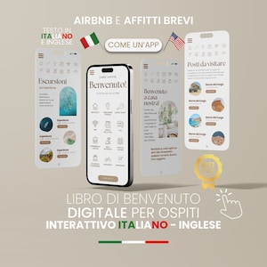 Può includere: Un libro di benvenuto digitale per gli ospiti di Airbnb e affitti brevi. Il libro è progettato per assomigliare a un'app mobile con uno schema di colori blu, bianco e rosso. Il libro include informazioni su escursioni, attrazioni locali e la proprietà stessa. Il testo è in italiano e inglese.