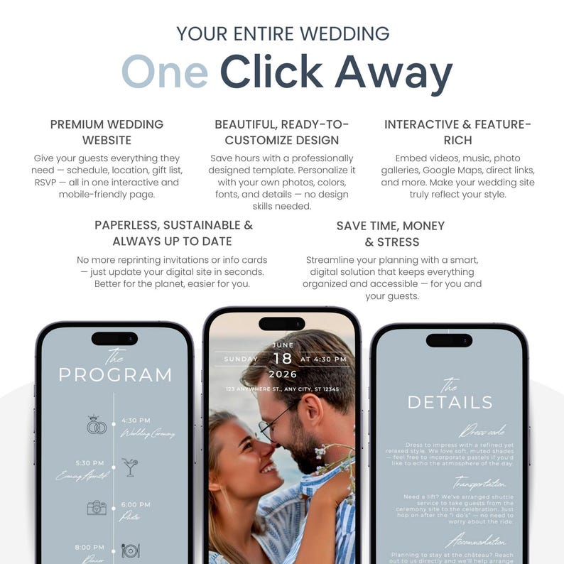 Pu&ograve; includere: Immagine promozionale per un servizio di sito web di matrimonio. L'immagine presenta tre smartphone che mostrano i dettagli del matrimonio, con testo che evidenzia funzionalit&agrave; come personalizzazione, elementi interattivi e opzioni senza carta. Il testo "One Click Away" &egrave; ben visibile.