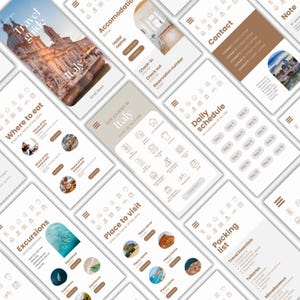 Op de afbeelding: Een verzameling mobiele app-schermen met een reisgids-thema. De app-interface bevat secties voor accommodatie, dagschema's, excursies en een paklijst. Het kleurenschema is voornamelijk wit en beige met afbeeldingen van Itali&euml;.