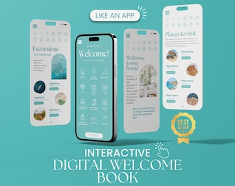 May include: A mockup of three smartphone screens showing a digital welcome book for short-term rentals. The screens show a welcome message, a list of excursions and experiences, and a list of places to visit. The text on the screens reads "Welcome!" "Escursions and Experiences" and "Places to visit". The screens are labeled "Interactive Digital Welcome Book".