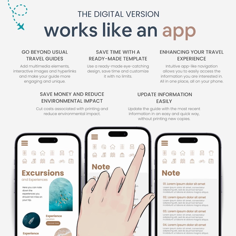 Op de afbeelding: Drie smartphones tonen de interface van een digitale reisgids-app. De app, die "werkt als een app", heeft secties voor excursies en notities. De interface is modern en gebruiksvriendelijk, met tekst die belangrijke functies benadrukt. Het ontwerp is overzichtelijk en intu&iuml;tief.