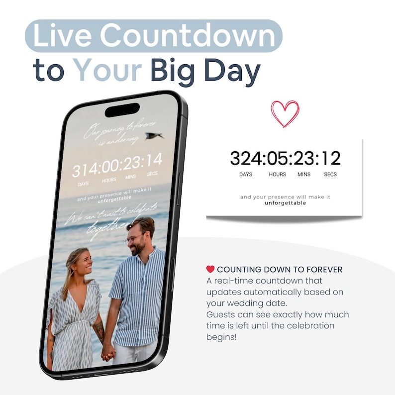 Pu&ograve; includere: Uno smartphone mostra un timer per il conto alla rovescia di un matrimonio, con la scritta "Live Countdown to Your Big Day". Lo schermo mostra una coppia e il tempo rimanente: 314 giorni, 00 ore, 23 minuti e 14 secondi.