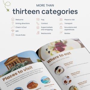 Op de afbeelding: Een reisgids met de tekst "MORE THAN thirteen categories" bovenaan. De gids bevat secties zoals "Places to visit" en "Where to eat", met pictogrammen voor verschillende categorie&euml;n zoals restaurants en vervoer.