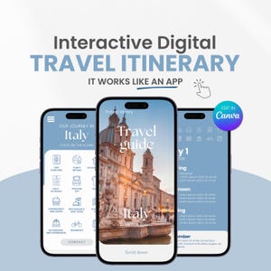 Travel Itinerary Template, Mobile Travel Planner, Editable Italy Travel Guide, Traveling Guide Editable in Canva Blue