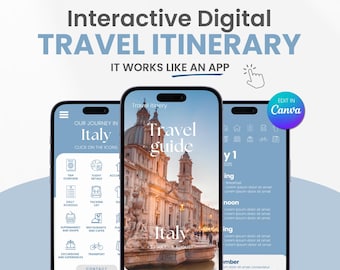 Op de afbeelding: Drie smartphones die een digitale reisroute voor Italië weergeven. De schermen tonen een reisgidsinterface met pictogrammen, tekst en afbeeldingen van Italiaanse bezienswaardigheden. De tekst luidt "Interactive Digital Travel Itinerary" en "It works like an app."