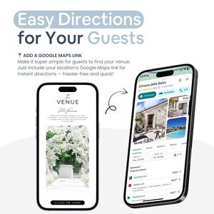 Pu&ograve; includere: Due smartphone mostrano informazioni sul luogo. Uno mostra il nome di un luogo e un arco floreale, con un pulsante "Guide Me Here". L'altro mostra un elenco di hotel con foto, prezzi e opzioni di prenotazione. Il testo in alto recita "Easy Directions for Your Guests."