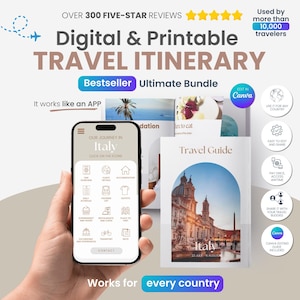 May include: Digital and printable travel itinerary bundle. The image shows a smartphone displaying an app interface, a travel guide, and icons. Text includes "Bestseller," "Ultimate Bundle," and "Works for every country."