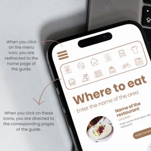 Op de afbeelding: Een smartphonescherm met een "Waar te eten" gidsinterface. Het scherm toont een menupictogram, categorie-iconen en een restaurantzoekgedeelte. Tekst omvat "Waar te eten" en "Guide me here".