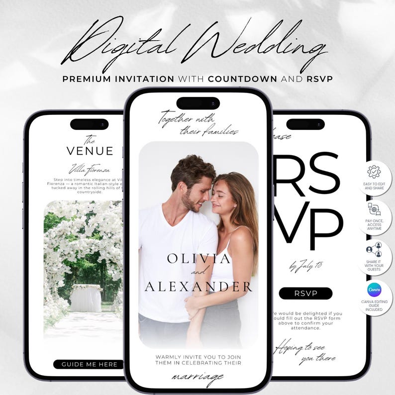Pu&ograve; includere: Design di invito di nozze digitale visualizzato su tre smartphone. Il design include il testo "Digital Wedding", "Premium Invitation" e i dettagli RSVP. Il telefono centrale presenta una coppia, con i nomi "Olivia e Alexander".