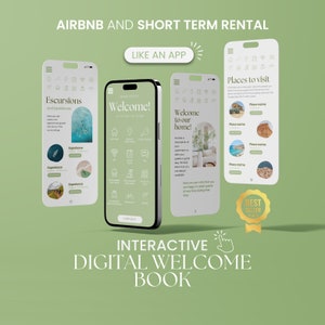 May include: A digital welcome book app mockup for Airbnb and short-term rentals. The app has a green and white color scheme and features icons for various amenities and services. The app also includes a section for excursions and experiences, as well as a section for places to visit. The app is designed to be interactive and user-friendly.