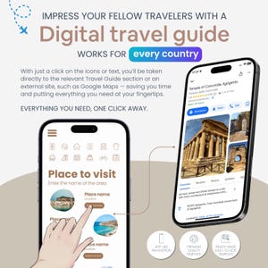 Op de afbeelding: Advertentie voor een digitale reisgids. De afbeelding toont twee smartphones met de interface van de gids. De tekst luidt "Digital travel guide" en "Works for every country". Het biedt app-achtige navigatie en kant-en-klare sjablonen.