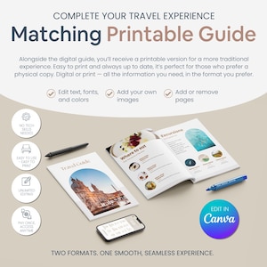 Op de afbeelding: Promotieafbeelding voor een afdrukbare reisgids. De afbeelding toont een gedrukte gids, een smartphone en een pen. De gids is open en toont afbeeldingen en tekst. Tekst bevat "Matching Printable Guide" en "Edit in Canva".