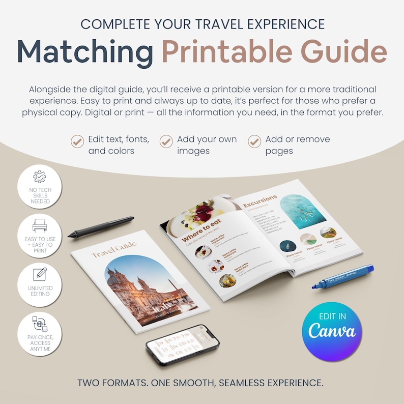 Op de afbeelding: Promotieafbeelding voor een afdrukbare reisgids. De afbeelding toont een gedrukte gids, een smartphone en een pen. De gids is open en toont afbeeldingen en tekst. Tekst bevat "Matching Printable Guide" en "Edit in Canva".