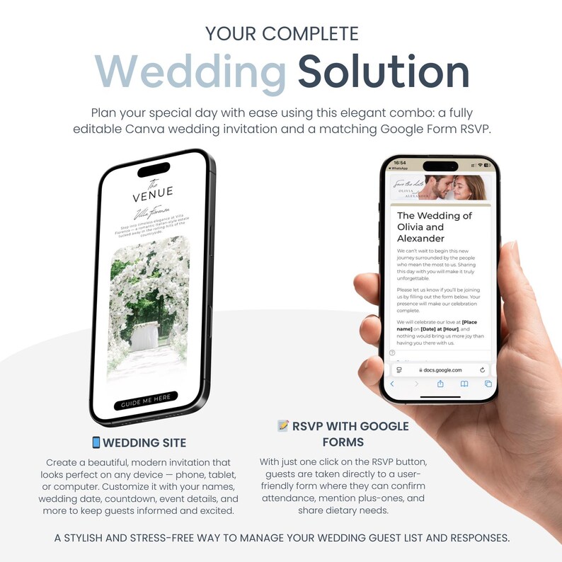 Pu&ograve; includere: Annuncio di una soluzione per matrimoni, con due smartphone che mostrano un sito web di matrimonio e un modulo Google RSVP. Il testo recita "Soluzione per matrimoni" e descrive le funzionalit&agrave; degli strumenti digitali.