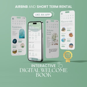 Puede incluir: Una maqueta de un libro de bienvenida digital para Airbnb y alquileres a corto plazo. El libro está diseñado para parecer una aplicación en la pantalla de un teléfono inteligente. El libro incluye secciones para el hogar, dónde comer, dónde ir, excursiones y experiencias, y lugares para visitar. El libro también incluye un mensaje de bienvenida y una insignia de best seller.