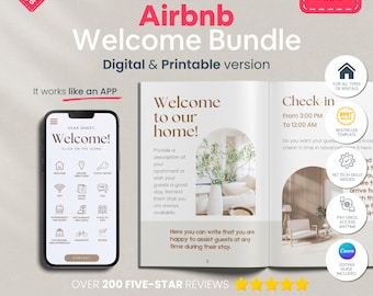 May include: A digital and printable welcome bundle for Airbnb hosts. The bundle includes a welcome guide, check-in instructions, and a guide for providing a great guest experience. The bundle is designed to help hosts save time and impress their guests. Over 200 five-star reviews.