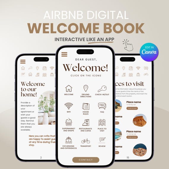 Airbnb Welcome Book Digital Interactive Mobile Template, Editable Guest Book, Canva Guidebook Host Template, VRBO Short term Vacation rental