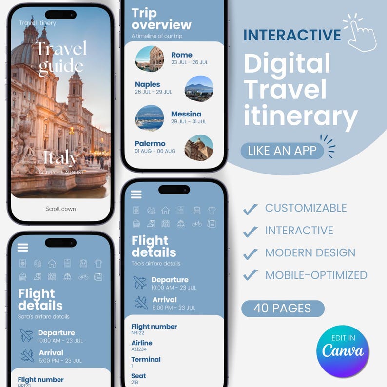 Blue Travel Itinerary Template, Mobile Travel Planner, Editable Italy ...