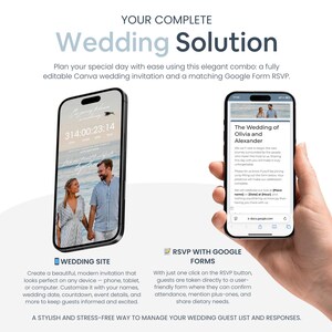 Pu&ograve; includere: Annuncio di una soluzione digitale per matrimoni. Due smartphone mostrano un sito web di matrimonio e un modulo RSVP. Il testo recita "Wedding Solution" e "Wedding Site". L'immagine include un timer per il conto alla rovescia e una foto di una coppia.
