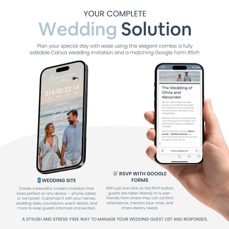 Pu&ograve; includere: Annuncio di una soluzione digitale per matrimoni. Due smartphone mostrano un sito web di matrimonio e un modulo RSVP. Il testo recita "Wedding Solution" e "Wedding Site". L'immagine include un timer per il conto alla rovescia e una foto di una coppia.
