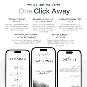 Pu&ograve; includere: Immagine promozionale che mostra un servizio di sito web per matrimoni. Tre smartphone mostrano dettagli di esempio del matrimonio, tra cui un programma, un timer per il conto alla rovescia e i dettagli dell'evento. Il testo evidenzia funzionalit&agrave; come la personalizzazione.
