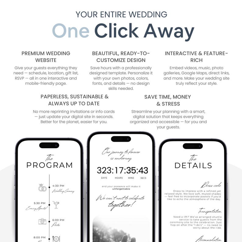 Pu&ograve; includere: Immagine promozionale che mostra un servizio di sito web per matrimoni. Tre smartphone mostrano dettagli di esempio del matrimonio, tra cui un programma, un timer per il conto alla rovescia e i dettagli dell'evento. Il testo evidenzia funzionalit&agrave; come la personalizzazione.