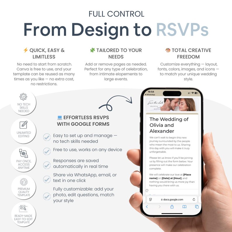 Pu&ograve; includere: Uno smartphone mostra un modulo RSVP di matrimonio con il testo "The Wedding of Olivia and Alexander". L'immagine include testo sulla facile configurazione, Google Forms e opzioni di personalizzazione.