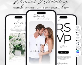 Digitale Hochzeitseinladung Website, Antwortkarte, Countdown (Canva Template)