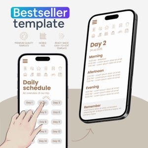 Op de afbeelding: Twee smartphones tonen een sjabloon voor een dagschema. E&eacute;n telefoon toont een hand die "Dag 2" op een kalender selecteert. De andere telefoon toont het gedetailleerde schema voor die dag. De tekst bovenaan de afbeelding luidt "Bestseller template."