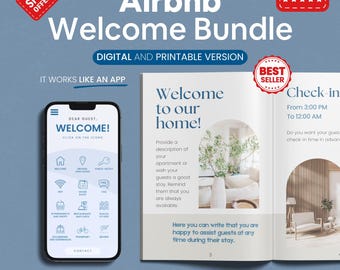 May include: An Airbnb Welcome Bundle advertisement. The image features a smartphone displaying an app interface, a brochure with the text "Welcome to our home!", and promotional badges. The text includes "Digital and Printable Version" and "Over 3,000 Hosts Have Already Chosen Us."