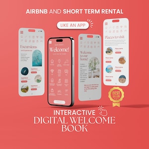 Könnte beinhalten: Ein Mockup eines digitalen Willkommensbuchs für Kurzzeitmieten, das auf einem rosafarbenen Hintergrund angezeigt wird. Das Buch ist so konzipiert, dass es wie eine mobile App aussieht, mit einer Willkommensnachricht, einer Liste von Ausflügen und Erlebnissen sowie einem Abschnitt über Sehenswürdigkeiten. Das Buch enthält außerdem ein Bestseller-Abzeichen.