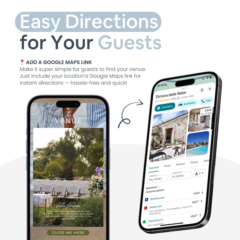 Pu&ograve; includere: Immagine che mostra due smartphone. Il telefono di sinistra mostra il sito web di una location con il testo "The Venue" e "Guide Me Here". Il telefono di destra mostra un'app di prenotazione con dettagli e prezzi dell'hotel. Il testo in alto recita "Easy Directions for Your Guests."