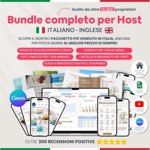 May include: An advertisement for a host bundle, with a laptop and smartphones showcasing templates and guides. The text reads "Bundle completo per Host" and "ITALIANO - INGLESE". The image also displays the Canva logo and the words "Welcome to our home!"