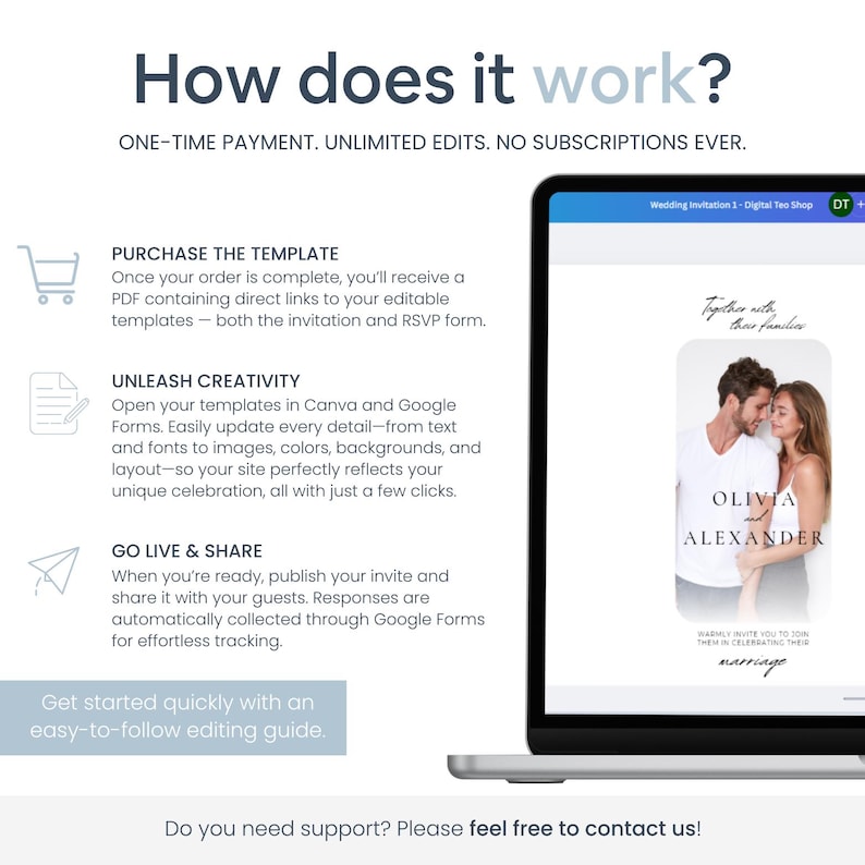 Pu&ograve; includere: Uno schermo di un laptop mostra un modello di invito di nozze con la foto di una coppia. Il testo sullo schermo recita "OLIVIA & ALEXANDER" e "marriage". L'immagine include anche istruzioni su come acquistare e modificare il modello.