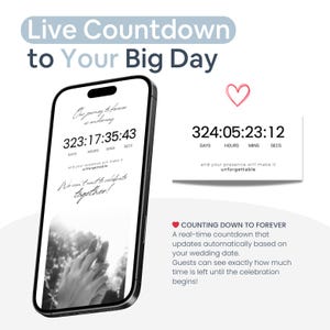 Pu&ograve; includere: Uno smartphone nero mostra un timer per il conto alla rovescia del matrimonio, con il testo "Live Countdown to Your Big Day". Lo schermo mostra un conto alla rovescia in giorni, ore, minuti e secondi, e le parole "Our journey to forever is underway."