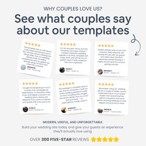 Pu&ograve; includere: Immagine con testimonianze di clienti per modelli di siti web di matrimonio. Il testo include frasi come "design moderno" e "facile da usare". L'immagine mostra anche una valutazione a cinque stelle e il testo "OVER 300 FIVE-STAR REVIEWS."
