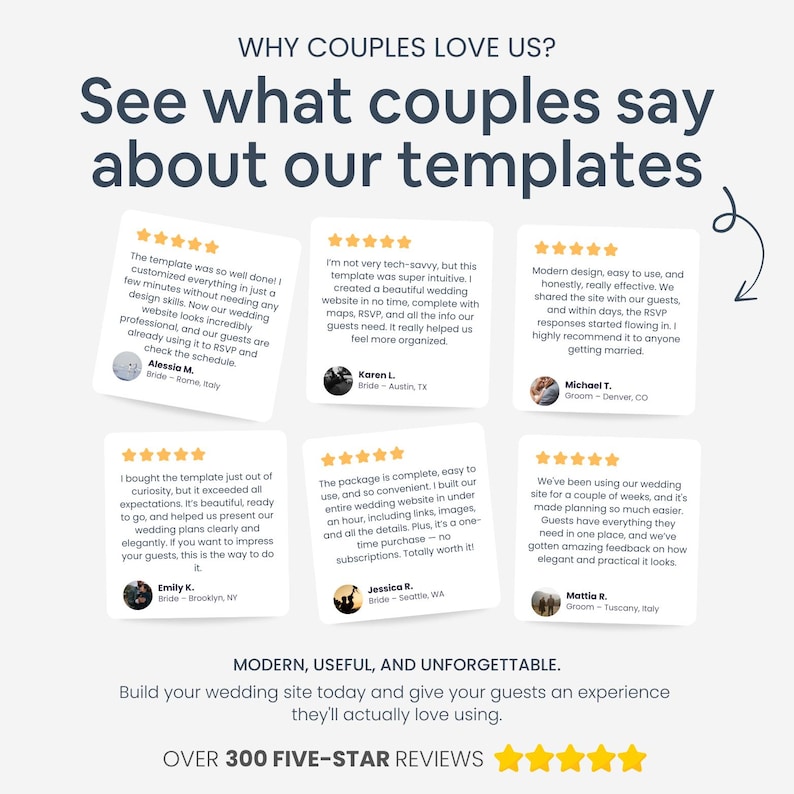 Pu&ograve; includere: Immagine con testimonianze di clienti per modelli di siti web di matrimonio. Il testo include frasi come "design moderno" e "facile da usare". L'immagine mostra anche una valutazione a cinque stelle e il testo "OVER 300 FIVE-STAR REVIEWS."