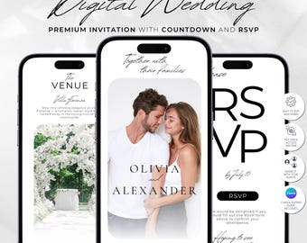 Digitale Hochzeitseinladungs-Website mit Antwortdatei, bearbeitbare Canva-Hochzeitseinladung mit Countdown