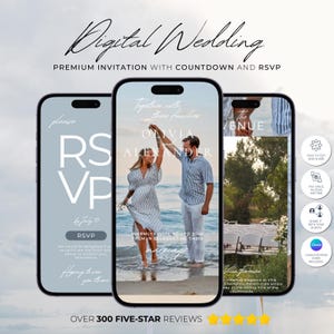 Pu&ograve; includere: Invito di nozze digitale visualizzato su tre smartphone. L'invito include i dettagli RSVP, un conto alla rovescia e una foto di una coppia. Il testo include "Olivia & Alexander" e "Premium Invitation with Countdown and RSVP."