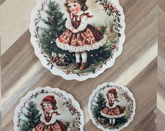 Victorian Christmas Girl Die-Cut Sticker | Vintage Holiday Ephemera