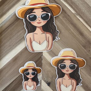 Cute Beach Girl Sticker | Summer Hat Sunglasses Die Cut Vinyl Decal | Waterproof Laptop Sticker | Aesthetic Vacation Vibes