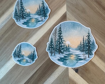 Watercolor Winter Forest Sticker | Snowy Pine River Landscape