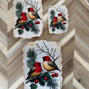 Vintage Christmas Birds Decorative Sticker - Red Finch Pair with Holly