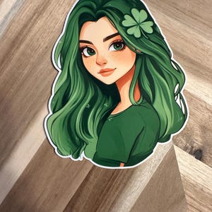 St. Patrick's Day Girl Sticker | Green Hair Shamrock Vinyl Decal | Irish Aesthetic Art | Anime Style Illustration | Multiple Sizes Available