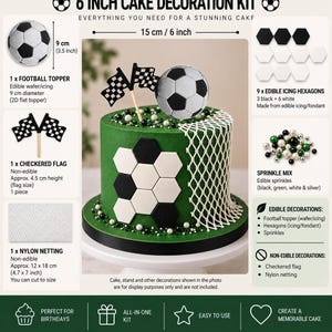 May include: A 15 cm cake decoration kit with a football theme. Includes a 9 cm football topper, a checkered flag, 9 edible icing hexagons in black and white, white nylon netting, and a mix of black, green, white, and silver sprinkles for cake.