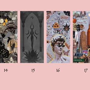 Puede incluir: Seis impresiones digitales de estilo collage con una estética oscura y melancólica. Cada impresión presenta una variedad de imágenes y texturas, incluyendo un ojo humano, una estatua, un edificio y una luna.